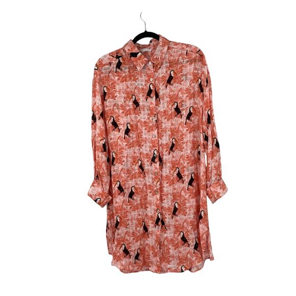 Jane & Delancey Toucan Orange Tropical Print Shirt Dress Women Size Large Artsy - Picture 1 of 11